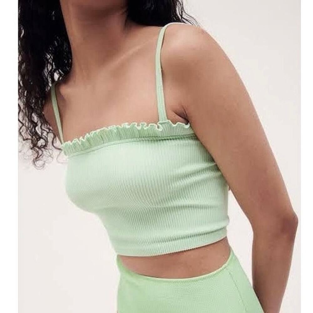 Zara Green Ruffle Ribbed Knit Sleeveless Cami Camisole Tank Neck Crop Top M/L